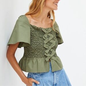 Anthropologie X Mare Mare Khaki Smocked Bow tie Top